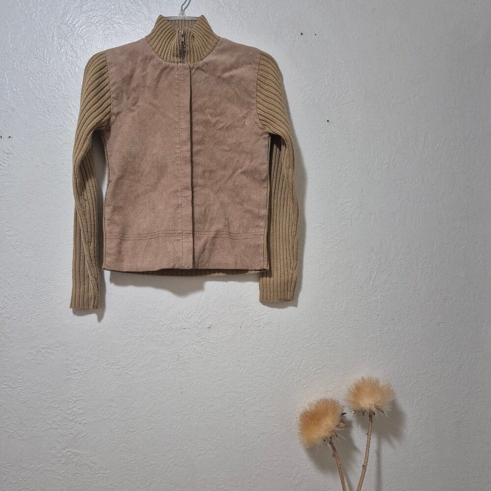Vintage Camel Tan Suede Front Sweater Knit Zip Front Jacket 90s 70s Retro